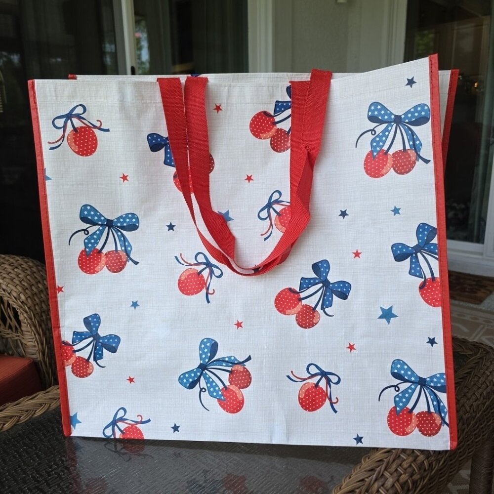 Cherry‎ Red White Blue Shopping Gift Bag Reusable Large Tote Summer USA July 4th